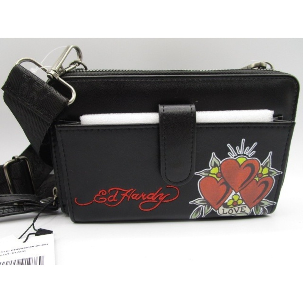 Ed Hardy Black Vegan Leather Crossbody Wallet Bag Love Hearts EHW03905K-26-003